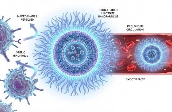 PEGylated nanoparticle repelling macrophages via steric hindrance.