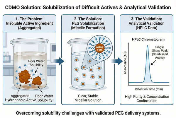 PEG micelle solubilization process with HPLC validation data.