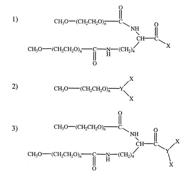 arious PEG structures. (1) Branched PEG (PEG2), (2) Y-shaped PEG, and (3) branched forked PEG.