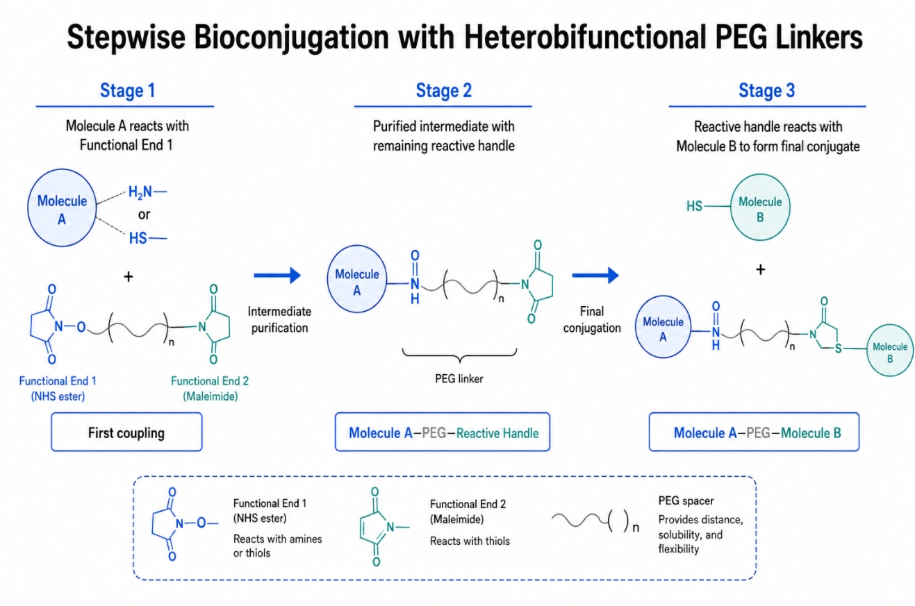 heterobifunctional PEG stepwise conjugation