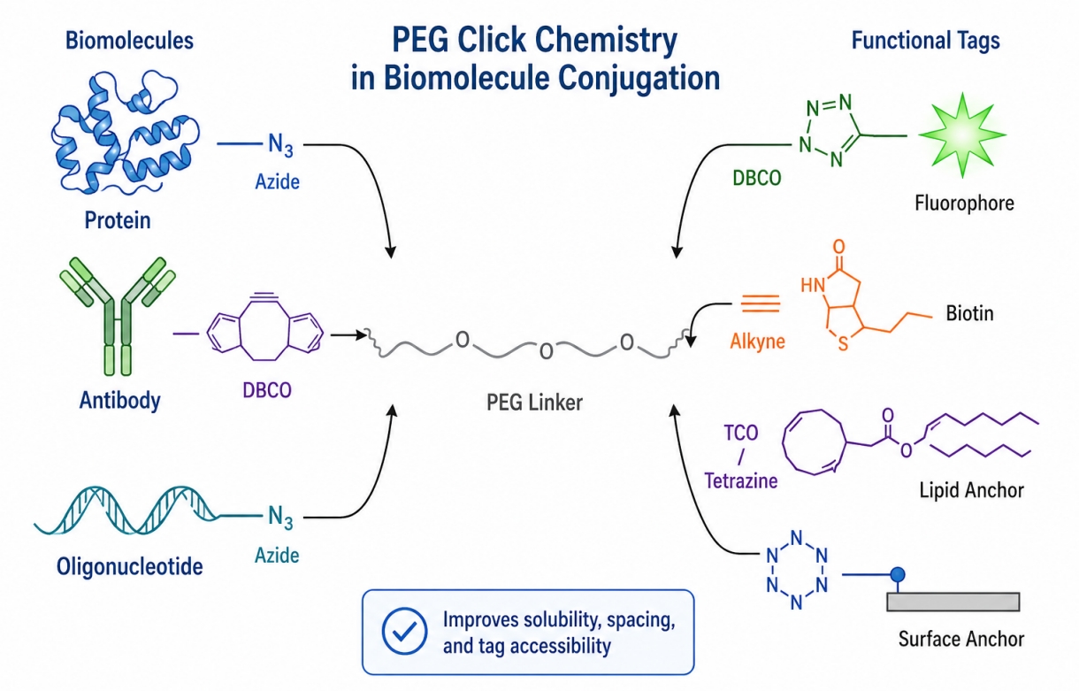 PEG Click Chemistry in Biomolecule Conjugation: Proteins, Peptides, Antibodies, and Nucleic Acids