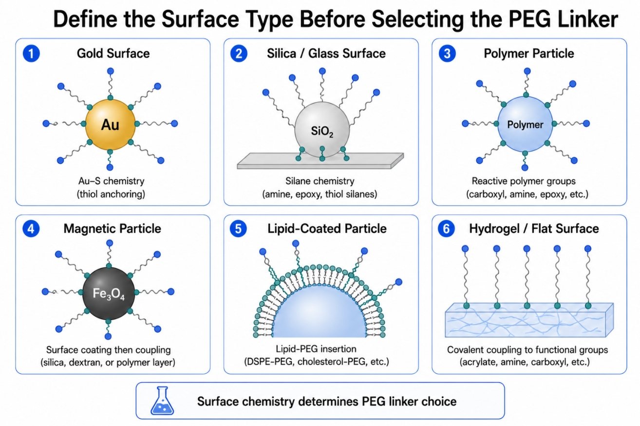 PEG Surface Linkers for Nanoparticles, Particles, and Biointerface Materials